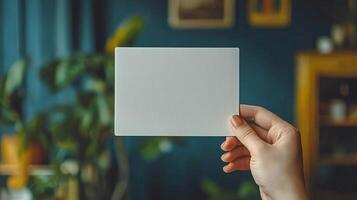a photo of hand holding a postcard the postcards orientation is vertical and blank