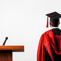 A graduate in a red robe and cap stands before a podium, symbolizing achievement and the commencement ceremony. photo