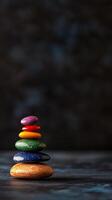 A beautiful stack of colorful stones symbolizing balance, harmony, and mindfulness against a soft blurred background. photo