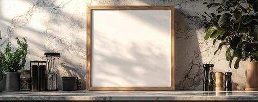 a blank 2x3 frame with a wooden border resting on a wall ontop of a marble kitchen countertop surrounded by kitchen components and an amazing light shot photo