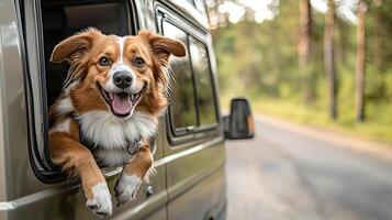 Dog leaning out of a camper van window with a happy expression, road trip with dog, excitement and freedom photo
