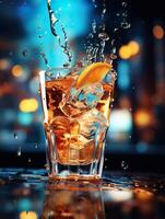 A glass of amber liquid with ice cubes and an orange slice. photo