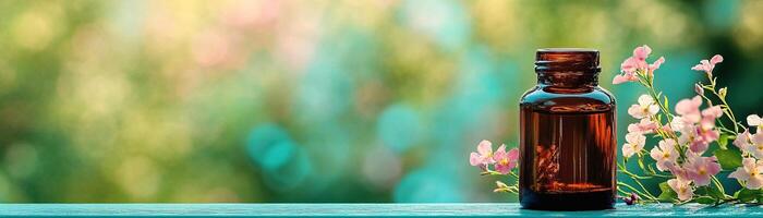 Aromatic essential oil bottle surrounded by delicate flowers, set against a soft, blurred natural background. photo