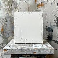 A thick white square of oil paint sits on a white table against a backdrop of an abstract painting in progress. photo