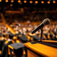 A microphone on a podium in front of a large crowd at a graduation ceremony, capturing a moment of celebration and achievement. photo