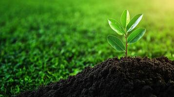A young plant emerging from rich soil, symbolizing growth and renewal in a lush green environment. photo