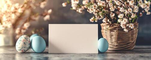 a mockup for an easter greeting card, blank greeting card on a table, easter vibes, spring, sunshine photo