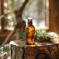 A small brown bottle of essential oil sits on a cut log surrounded by pine cones. photo