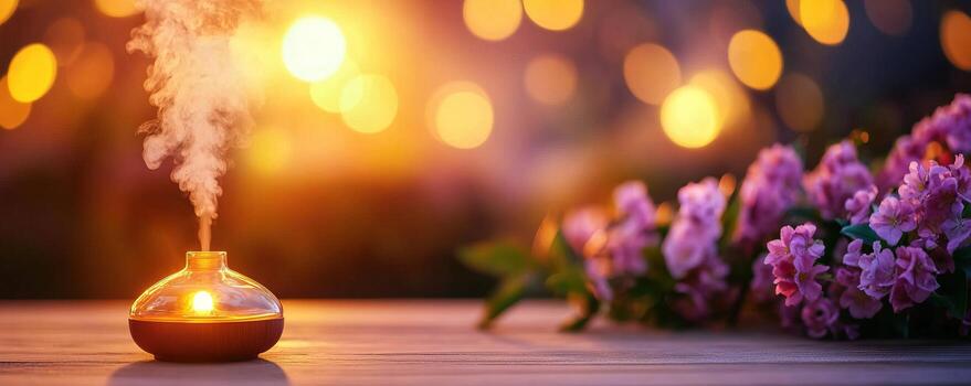 A tranquil scene featuring a fragrant diffuser releasing steam, surrounded by soft floral blooms and warm bokeh lights. photo