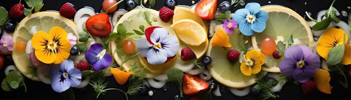 A beautiful arrangement of colorful fruits, vegetables, and flowers. photo