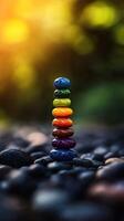 Colorful stacked stones representing balance and harmony, illuminated by soft sunlight in a serene outdoor setting. photo
