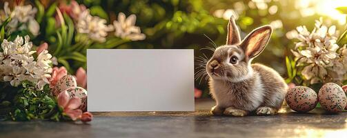 a mockup for an easter greeting card, blank greeting card on a table, easter vibes, spring, sunshine photo