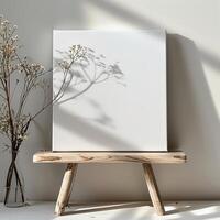 A photo of a blank canvas on a wooden stool with a plant shadow on it. There is a vase with flowers next to it. The background is a white wall with sunlight shining through a window.