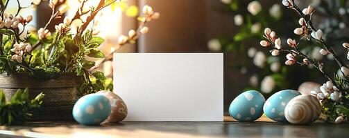 a mockup for an easter greeting card, blank greeting card on a table, easter vibes, spring, sunshine photo