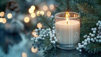 Blank clear straight candle glass amidst a setting with delicate fairy lights photo