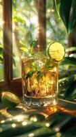 Refreshing iced cocktail with a lime garnish in a sunlit, tropical setting, surrounded by lush greenery and decorative plants. photo