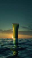 A skincare product bottle is floating on water during sunset, creating a serene and tranquil scene with a blend of nature and beauty care. photo