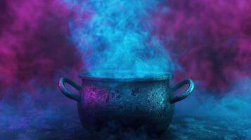 Witch's cauldron with ethereal smoke tendrils, magical and eerie background, editorial photography, empty space for text on side photo