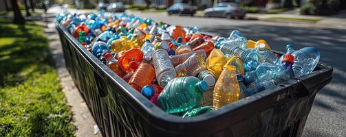 A full recycling bin on the side of a suburban street, filled with plastic bottles of different shapes and colors, a snapshot of everyday recycling efforts photo
