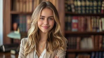 A young female lawyer stands in a library, smiling. photo