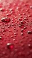 Red surface with drops of water on it. photo
