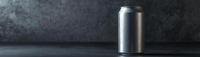 A minimalist composition of a craft beer can, clean lines against a dark, textured backdrop, panoramic space above for copy photo