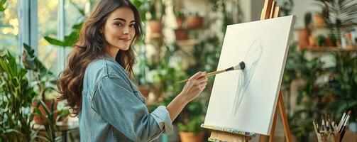 Artist in a bright, modern studio, holding a brush as she begins to sketch on a fresh white canvas on an easel, creative process, inspired and engaged photo