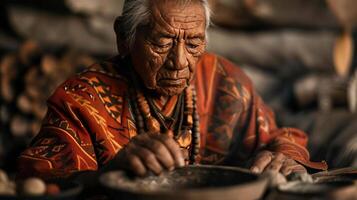 Elder leading a ceremonial ritual with symbolic artifacts, highlighting cultural heritage, Cultural Festivals in Remote Areas, editorial photography, empty space for text on side photo