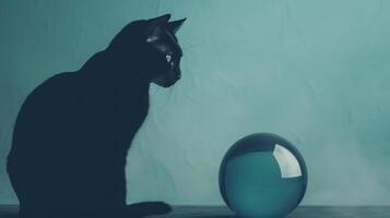 Close-up of black cat silhouettes next to crystal balls with ethereal mist, creating a chilling and mysterious background, editorial photography, empty space for text on left photo