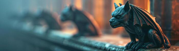 Gargoyles perched on ornate pedestals, gothic and eerie atmosphere, editorial photography, empty copy space on the right photo