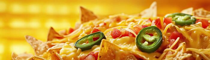 Delicious nachos topped with melted cheese, jalapenos, and fresh tomatoes on a vibrant background perfect for food lovers. photo