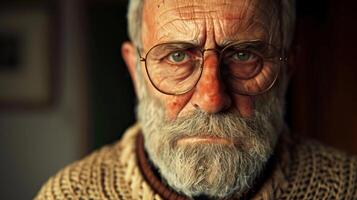 Intimate close-up portrait of an elderly man with glasses, showcasing his deep wrinkles, grey beard, and contemplative expression. photo