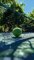 Tennis ball on the court with net and trees in the background photo