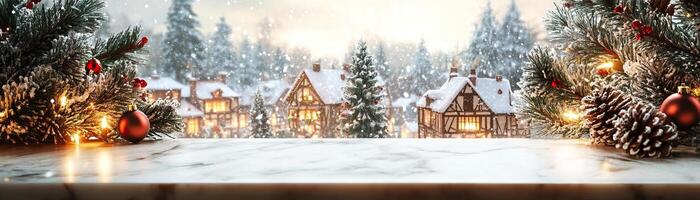 Marble counter mockup set against a snowy Christmas village background with lit windows and festive decorations, editorial photography, empty space for text on side photo