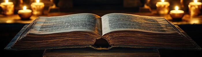 An ancient blank book open on a stand, illuminated by the soft, flickering light of surrounding candles, suggesting an aura of history and secrets, mystical and serene photo