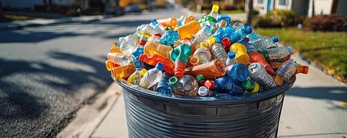 A full recycling bin on the side of a suburban street, filled with plastic bottles of different shapes and colors, a snapshot of everyday recycling efforts photo