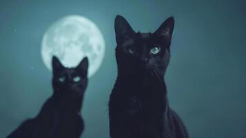 Close-up of black cat silhouettes against a moonlit background, creating a chilling and mysterious scene, editorial photography, empty space for text on left photo
