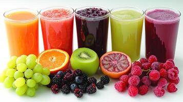Colorful variety of fresh fruit juices and fruits, including grapes, oranges, kiwis, berries, and raspberries in a refreshing display. photo