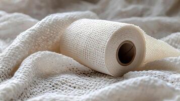 A roll of medical gauze resting on a textured cloth, with soft light casting gentle shadows, symbolizing care and healing, delicate and soothing photo