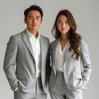 A professional headshot of a man and a woman both wearing tailored gray suits. photo