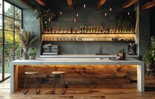 Modern industrial home bar with concrete counter, wood accents, and hanging pendant lights, surrounded by plants and natural light. photo