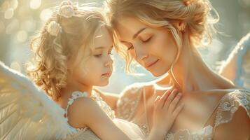 An ethereal mother and daughter with angel wings, with a soft painterly style photo