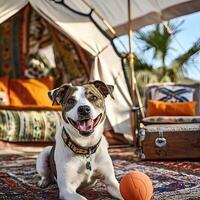 Dog playing with a ball outside a chic, bohemian-style tent, with vibrant decor and a comfortable outdoor setting, glamping with your pet, fun and stylish photo