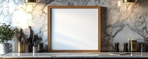 a blank 2x3 frame with a wooden border resting on a wall ontop of a marble kitchen countertop surrounded by kitchen components and an amazing light shot photo