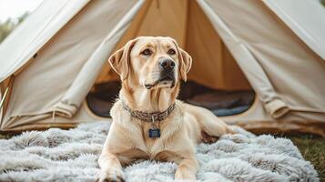 Dog lounging on a fluffy blanket inside a beautifully decorated glamping tent, glamping with your pet, serene and stylish photo