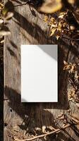 6x9 size white greeting card mockup, top view, weathered wooden table, scenic light photo