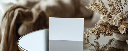 5x7 white card mockup on a round glass table photo