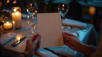 a branding mockup for a menu design of hands holding a blank menu sitting at a table at a fancy restaurant, direct flash bright flash light candle lit table photo