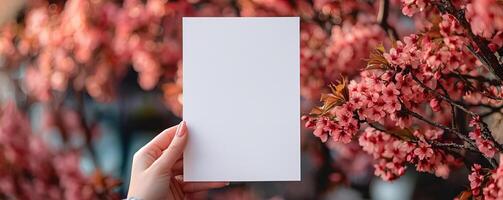 a etsy listing image displaying a 5x7inch blank white page being held by a womans hand ,in the sakura style of handcrafted designs photo