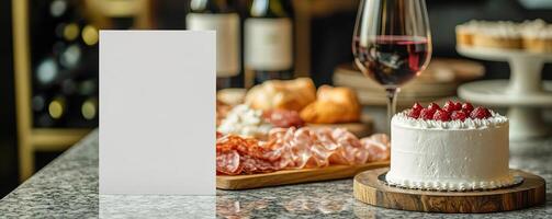 a granite clean tabletop with a blank white vertical 5x7 card next to charcuterie board and white cake with traditional pipiing photo